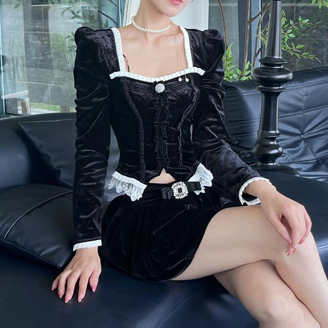 拉拉家复古宫廷风丝绒修身收腰上衣/百褶裙裤套装GZJ68065