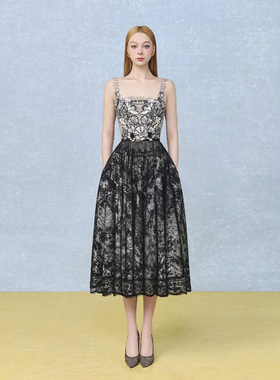 越南小众设计师复古优雅气质蕾丝刺绣收腰女装连衣裙GQW68202