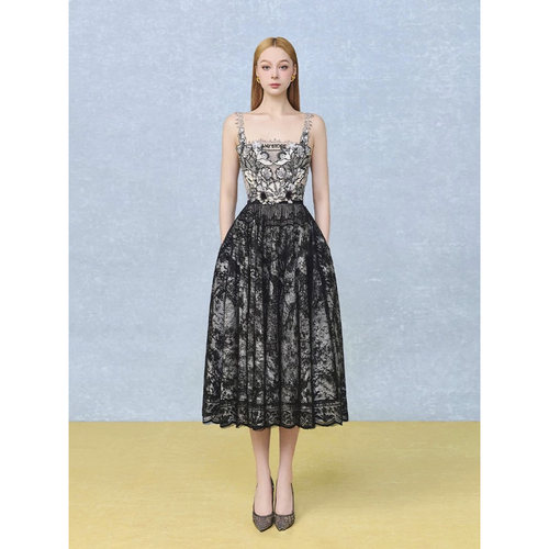 越南小众设计师复古优雅气质蕾丝刺绣收腰女装连衣裙GQW68202