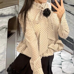 拉拉家复古港风波点荷叶边立领绑带开衫衬衫上衣女GFC2412293
