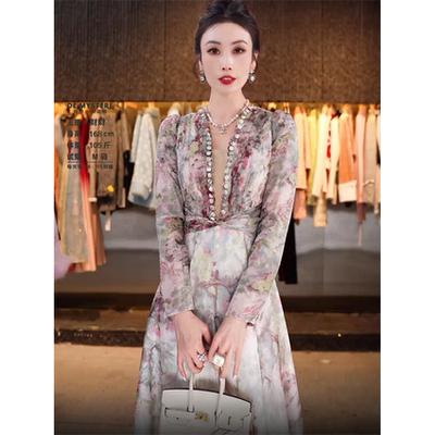 小众设计师度假风花色国风收腰长款连衣裙GSEN5521
