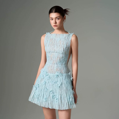 越南小众浪漫温柔蕾丝重工立体花朵压褶收腰无袖连衣裙GSEN6001