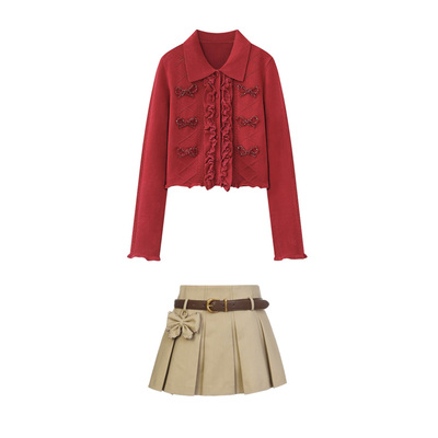 拉家2026春季新款蝴蝶结钉珠针织开衫红色毛衣/半裙套装GQW68279