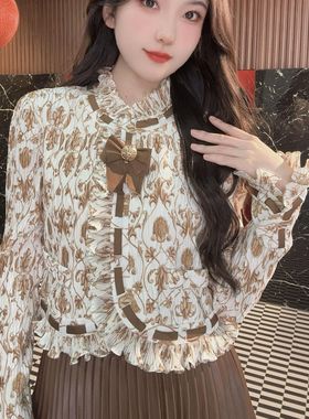 拉拉家秋冬季老钱风花色印花缎面压褶衬衫/百褶半裙套装GZJ68094