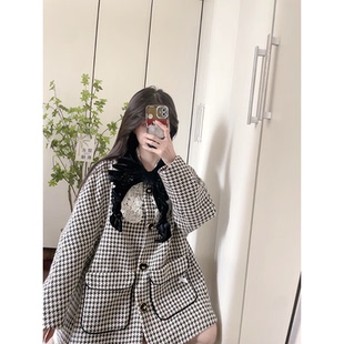 baby同款 秋冬新款千鸟格斗篷小香风毛呢中长款外套大衣GBMQ68219