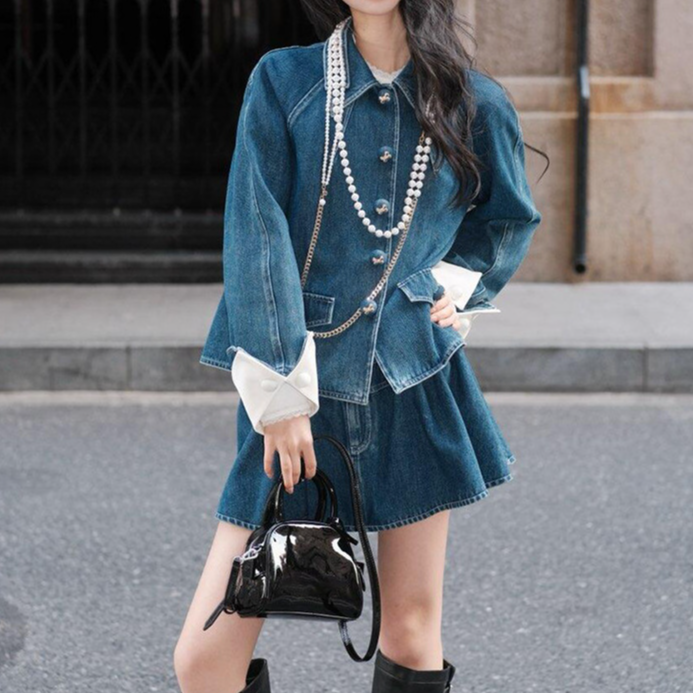 拉拉家老钱风系列精致珍珠链条a字斗篷短款牛仔外套女GFC2502009