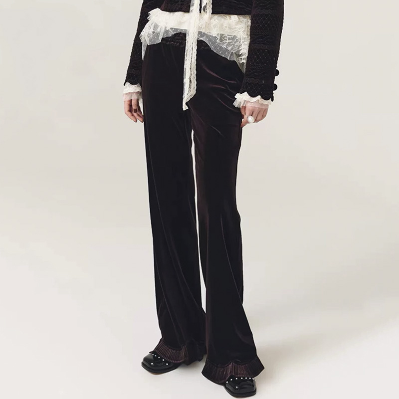 拉拉家2025冬季新款宫廷风荷叶边休闲微喇叭丝绒女长裤子GQW68227