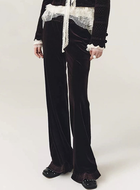 拉拉家2025冬季新款宫廷风荷叶边休闲微喇叭丝绒女长裤子GQW68227