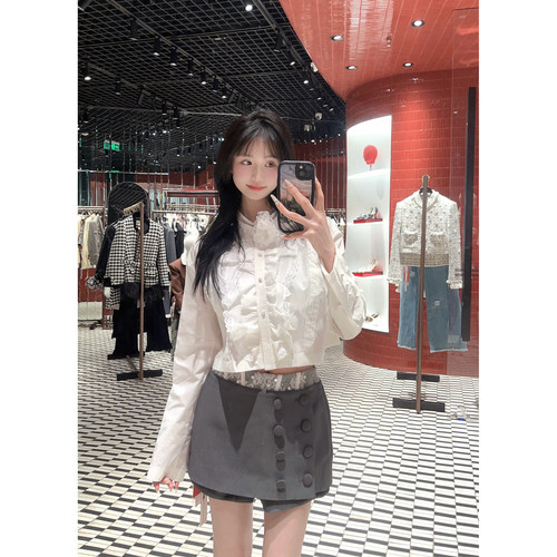 纯色荷叶边装饰气质短款长袖衬衣上衣GQW68125