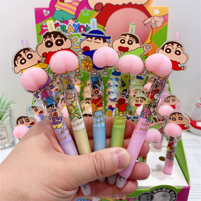 新款蜡笔小新屁屁捏捏乐可擦蓝中性笔按动创意卡通可爱日系动漫。