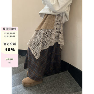 蕾丝拼接不规则半身裙女夏高腰大摆长裙显瘦A字格子伞裙 馨帮帮