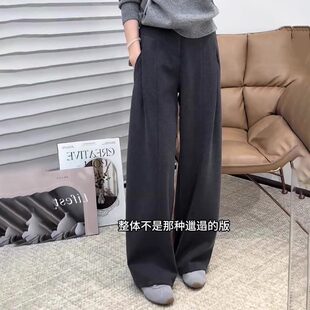 灰色毛呢阔腿西装裤女2025春秋新款高腰大尺码显瘦垂感窄版直筒裤