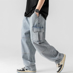 日系潮牌浅色牛仔裤男直筒宽松水洗复古双立体口袋工装阔腿长裤