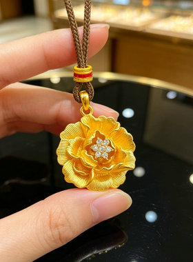 5G新款黄金色重工牡丹花吊坠新中式拉丝微镶项链高质量保色送爱人