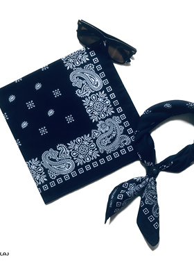 精梳棉面料藏青蓝色圆圈图案印花方巾女生简约头巾围脖巾扎头发箍