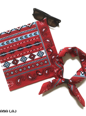 红色菱形格元素方巾民族风花纹吸汗缠头巾不掉色出游发带春夏发箍