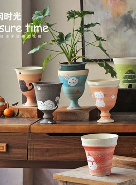 手绘猫咪兔子简约大小陶瓷粗陶花盆透气花盆家用多肉花盆陶瓷室内