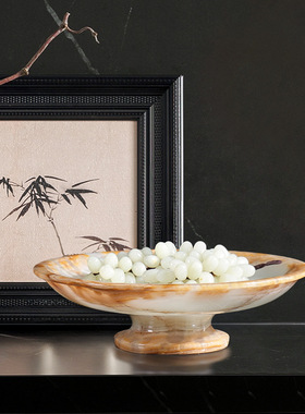 天然玉石果盘餐点盘高脚托盘轻奢家居摆件中古风收纳盘民宿样板间