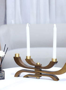 现代简约复古旋转多头实木烛台艺术摆件餐厅酒店民宿软装家居饰品