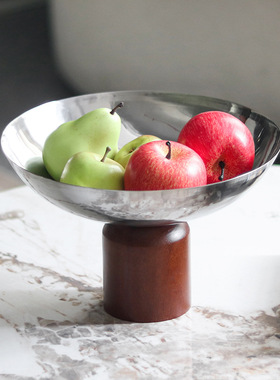 新中式实木底座果盘摆件样板间家居轻奢高脚圆形零食水果碗