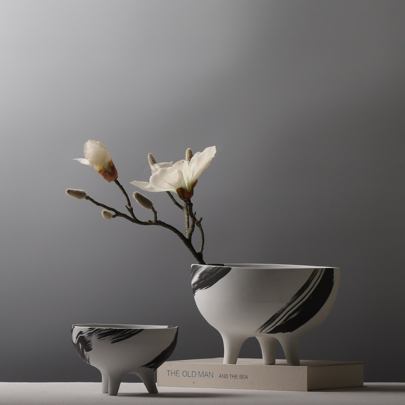 现代简约水墨陶瓷三足花盆样板房创意插花花器茶几餐桌工艺品摆件