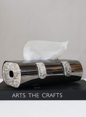 现代轻奢枪色不锈钢马毛纸巾盒样板间餐厅茶几桌面创意抽纸盒酒店