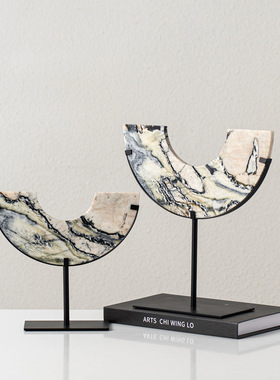 新中式大理石半月半玉璧摆件高档茶楼酒店客厅玄关别墅装饰