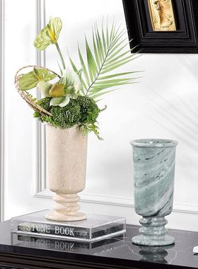 法式中古复古风入户玄关柜壁炉柜桌面大理石石材花瓶插花软装摆件