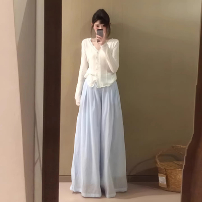 早春法式慵懒V领花边阔腿套装女