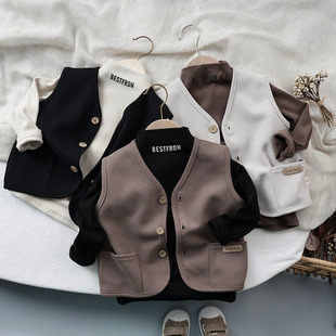 可穿3季~森系男童宝宝纯棉坎肩马夹春新款儿童纯色复古外搭马甲