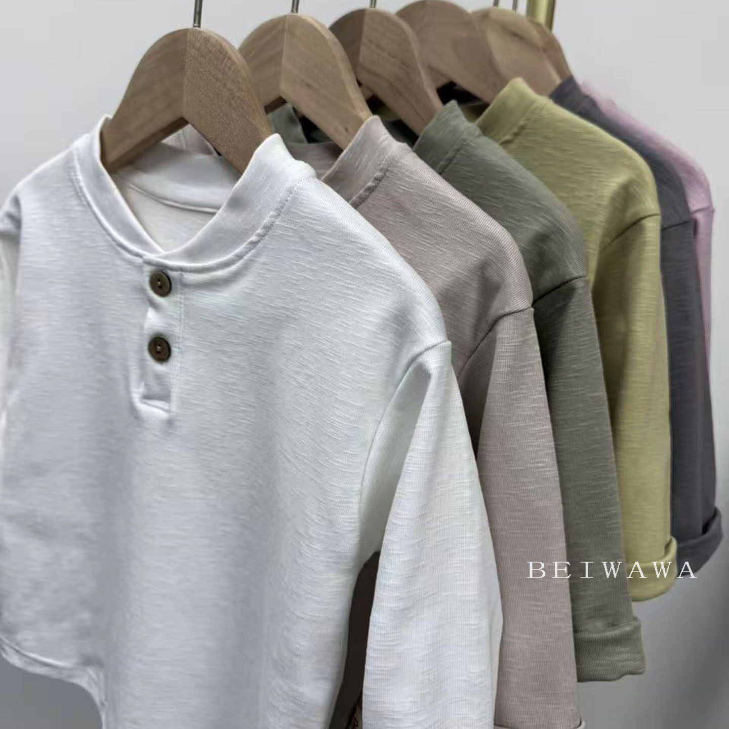 莫瑞系穿搭~春款儿童竹节棉宽松长袖T恤男女童系扣立领打底体恤衫