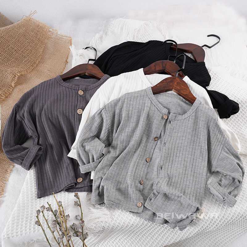 chao柔~秋款儿童针织纯棉薄款长袖开衫 男女童百搭坑条上衣外套