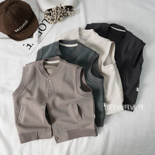 森系风春款男女童水洗棉马甲背心 日系纯色百搭立领插兜坎肩马夹