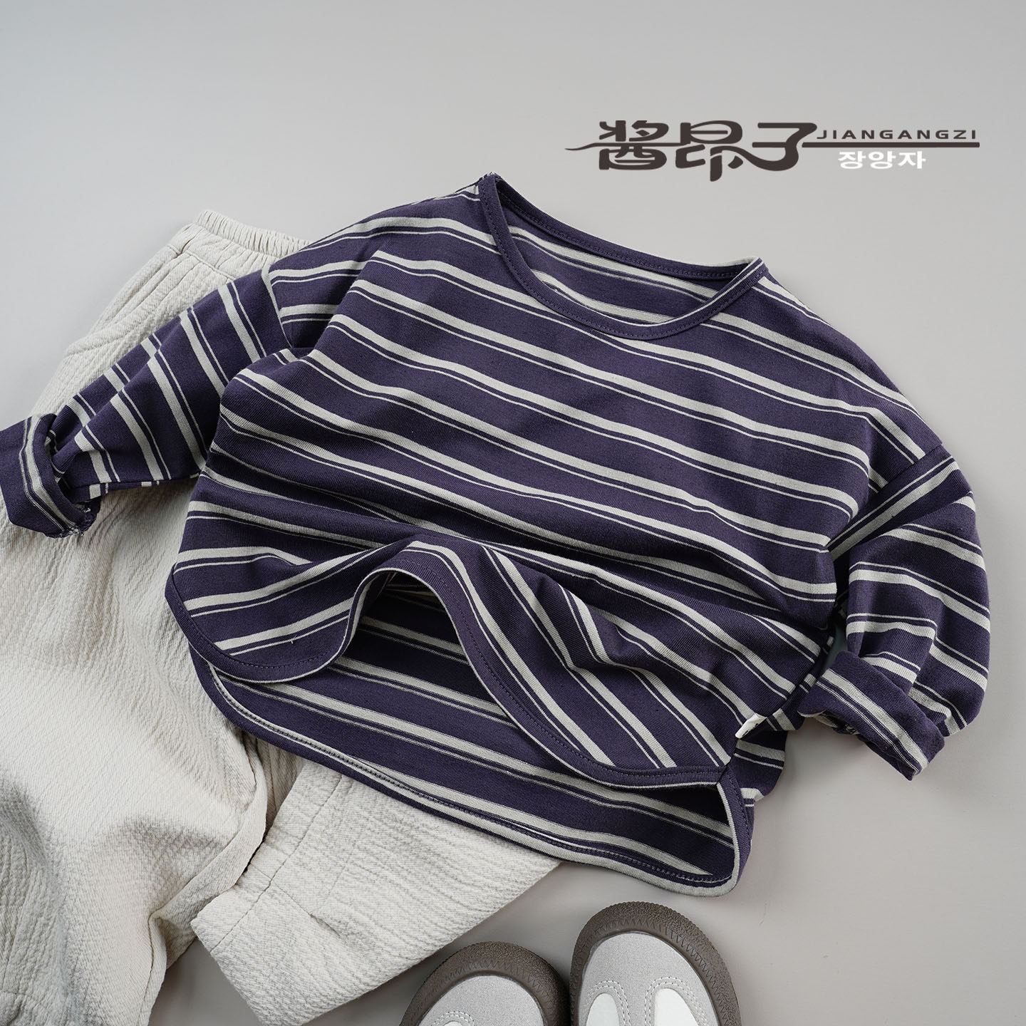 春款小童宝宝宽松韩版长袖T恤 男女童水洗棉紫色条纹打底体恤衫潮