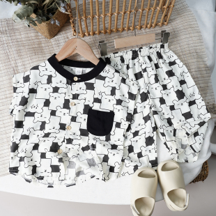 小清新儿童棉绸衬衣裤子两件套夏季男女宝宝人造棉短袖七分裤套装