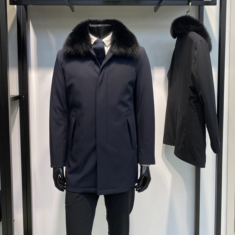 男士狐狸毛领可脱卸翻领中长款鹅绒服保暖商务羽绒服LENZON领佐