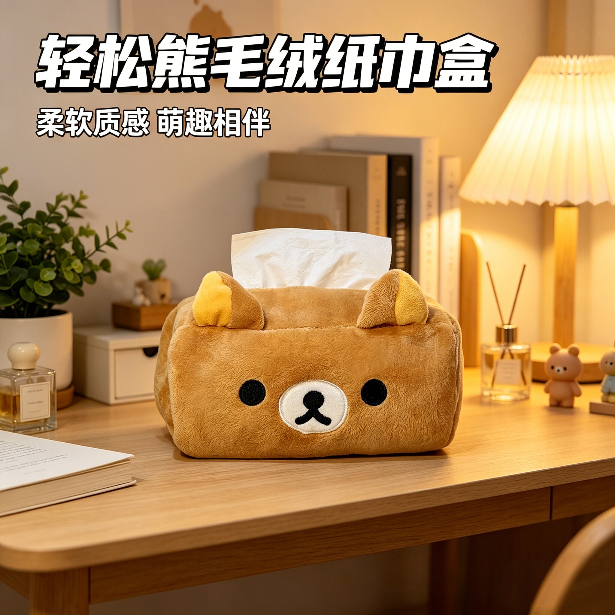 可爱轻松熊桌面纸巾盒抽纸收纳盒包装套卡通毛绒高颜值学生少女心