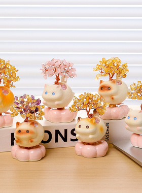 可爱黄水晶发财猫转转乐摆件