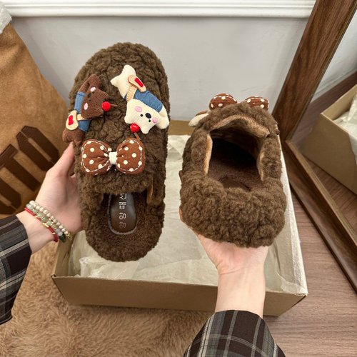 可爱卡通立体小熊毛毛包头棉拖鞋