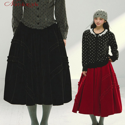 Narratorgirls圣诞红丝绒黑丝绒木耳边花苞半身裙蓬蓬裙长裙冬