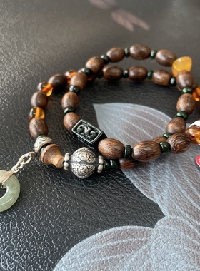 黛维娜 复古925纯银搭配沉香 翡翠 简约款双圈手链 手串