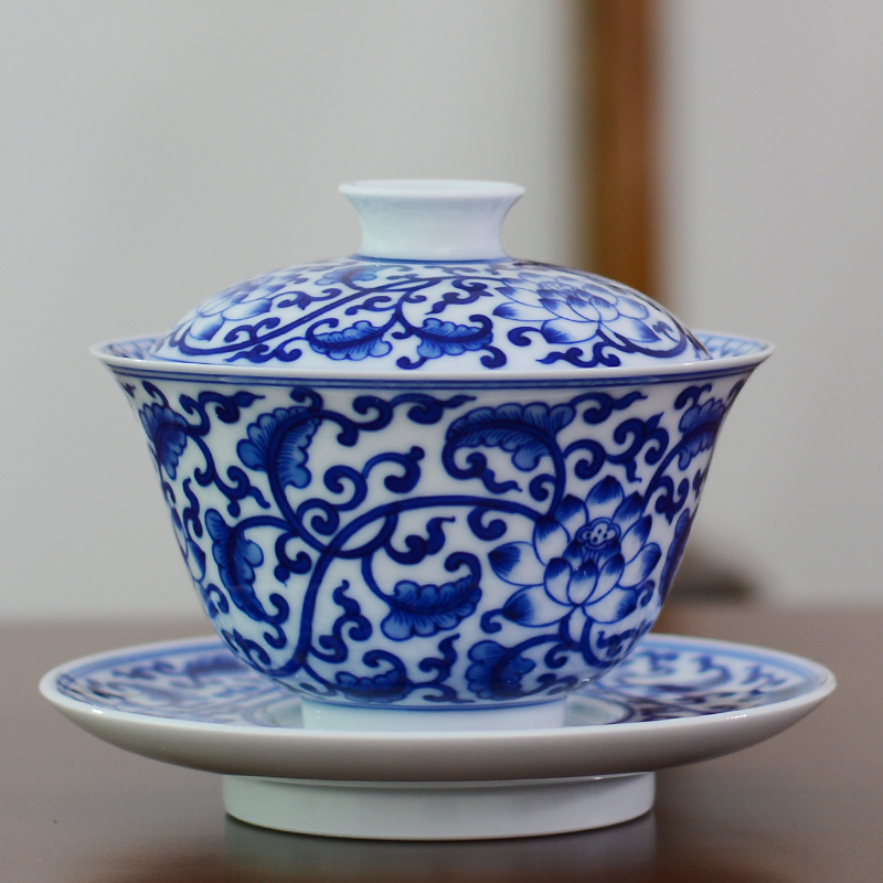 手绘景德镇手工青花茶碗茶具陶瓷缠枝莲礼品三才盖碗品茗主人杯子,餐饮具,盖碗,淘宝优惠券,粉丝福利购,淘宝优惠卷