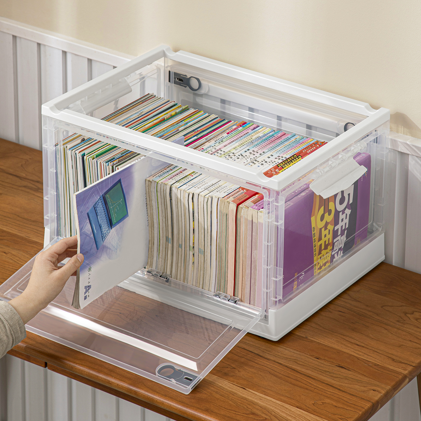 书本收纳箱书籍旧书装书收纳盒学生教室家用透明带轮整理储物箱子