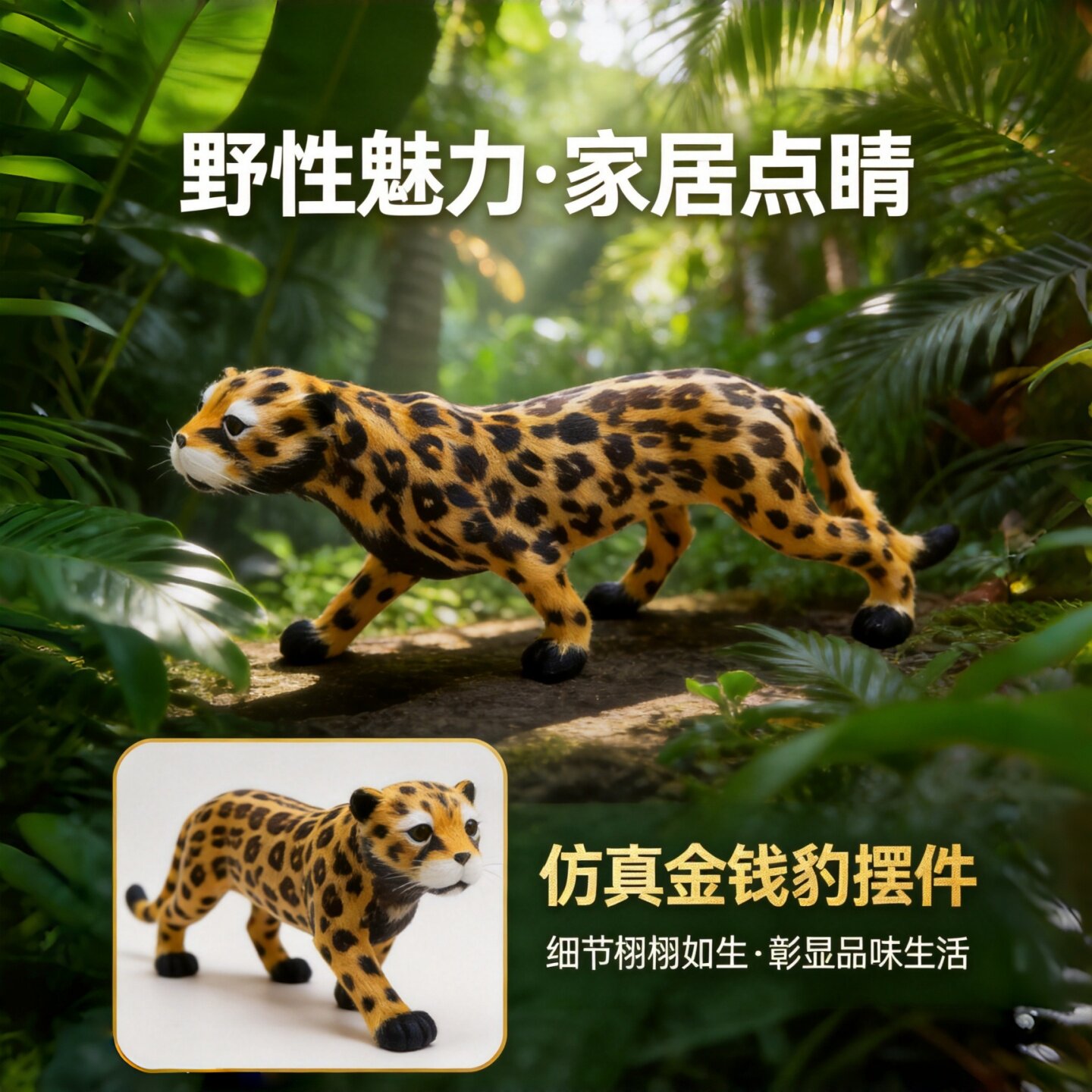 仿真金钱豹真皮桌面摆件52cm