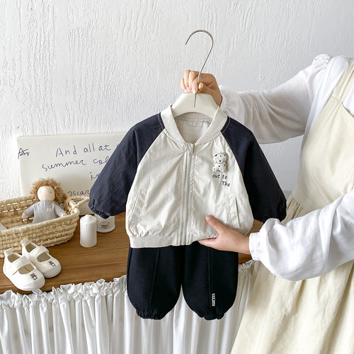 点兮婴幼儿可爱卡通拼色外套宝宝秋季新款简约字母束脚卫裤两件套