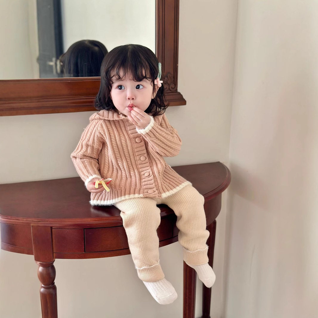 Cutemily秋冬女婴童撞色麻花开衫毛衣 A摆连帽兔耳朵可爱毛衣外套