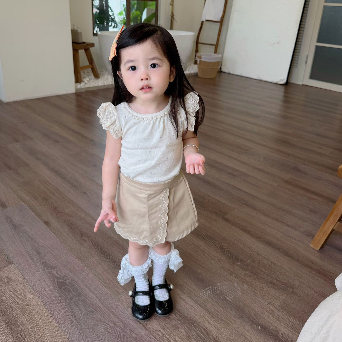 Cutemily春夏ins女童绣花花边裙裤短裤 假两件裤子+飞袖背心套装