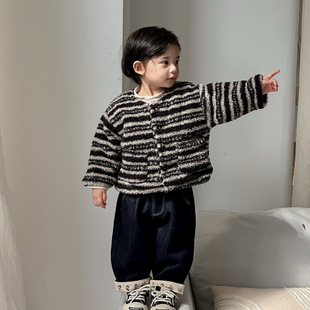 点兮2025冬季新款加绒毛毛外套套装女宝宝开衫打底衫牛仔裤三件套