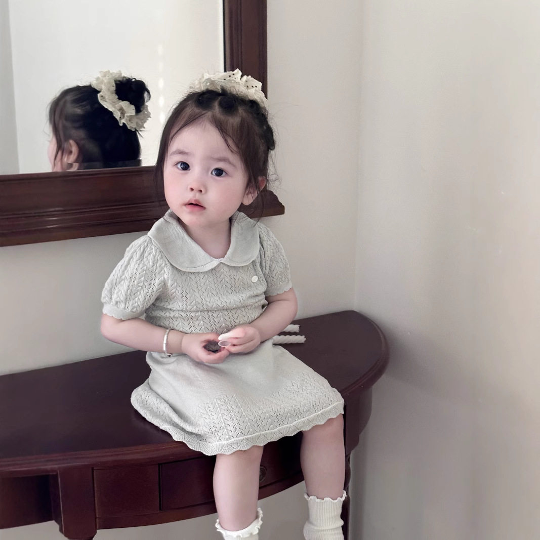 Cutemily夏ins女婴童学院风天丝针织衫女宝元宝领上衣+半裙2件套