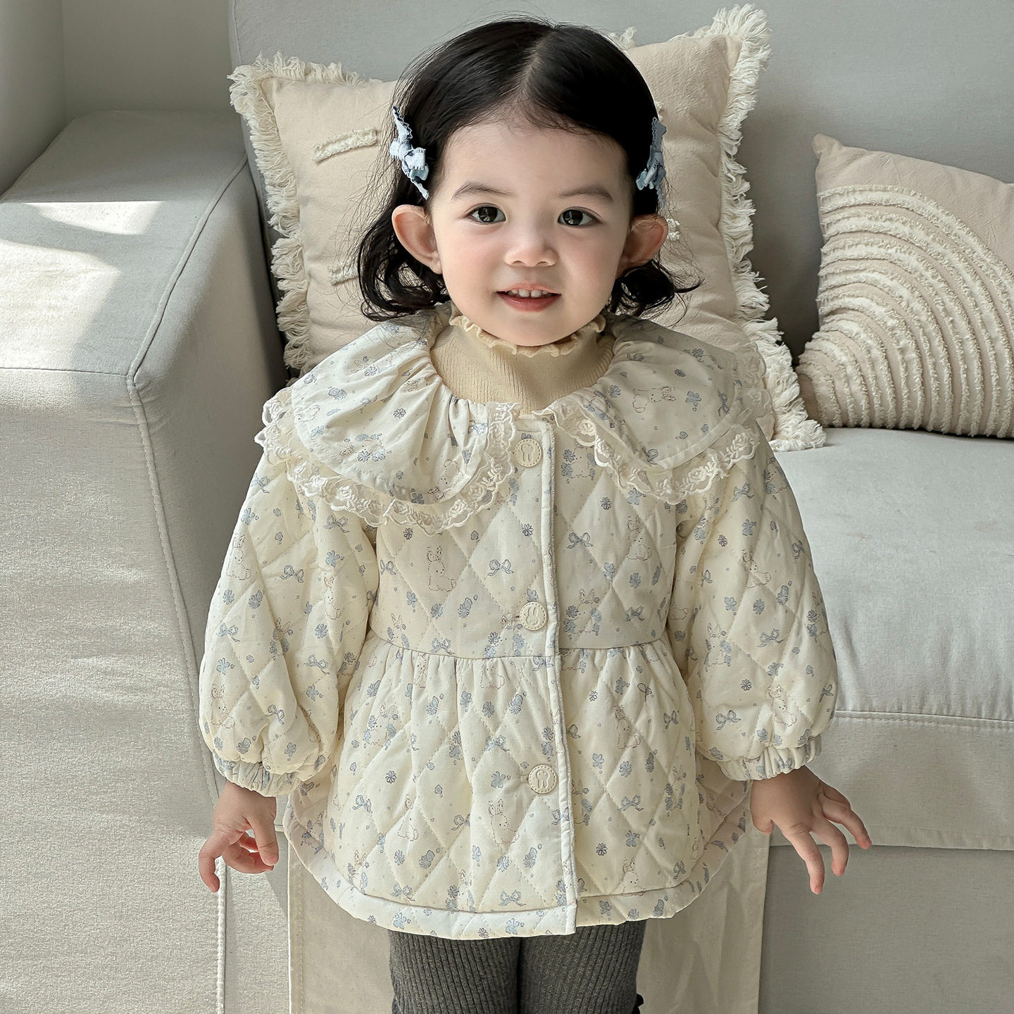 点兮2025秋冬新款婴幼儿绗棉棉服套装女宝加绒外套毛衣裤子三件套